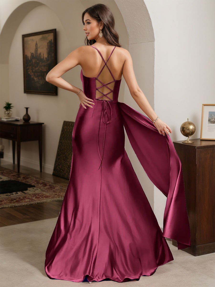 Cicinia Mulberry Prom Dresses Long Spaghetti Straps Sheath Slit Evening Dress With Side Drape