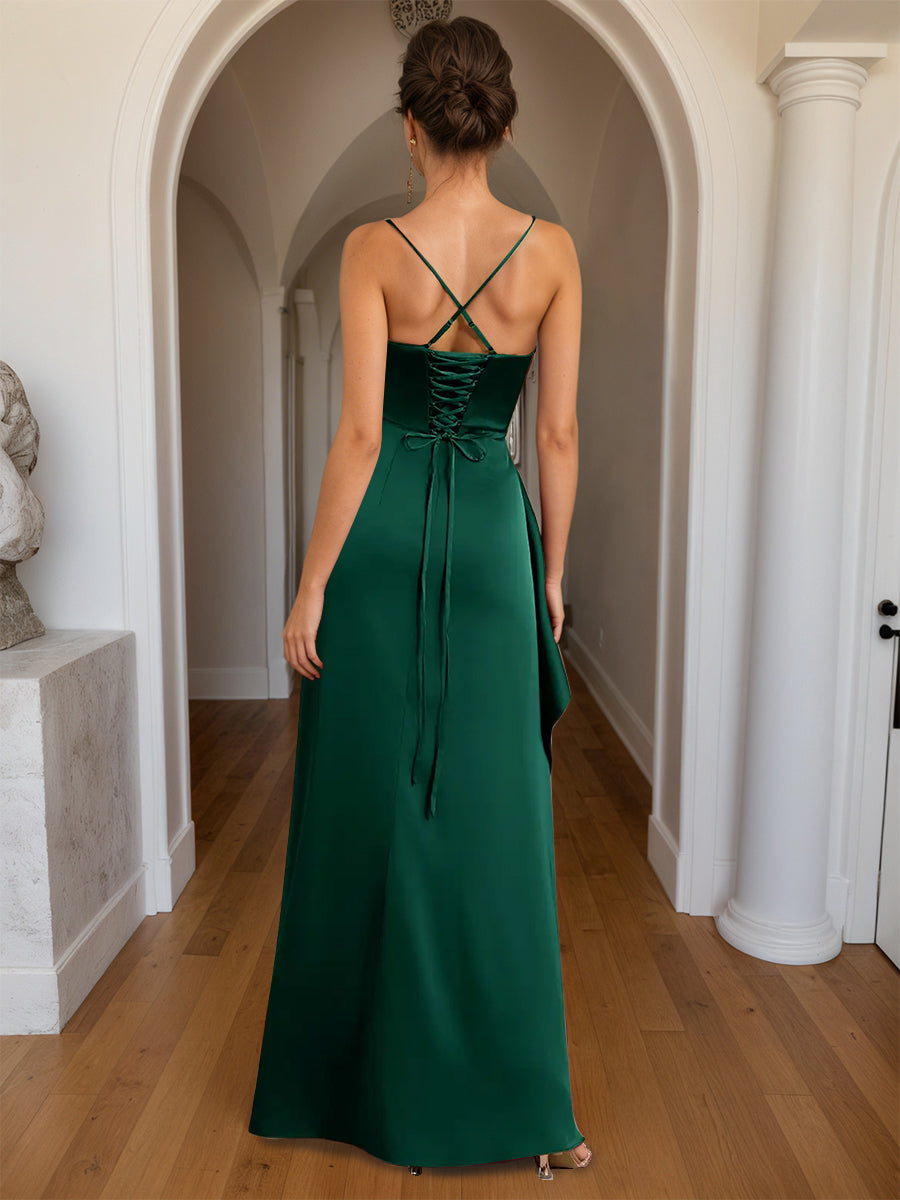 Cicinia Dark Green Prom Dresses Long Sheath Slit Spaghetti Straps Floor Length