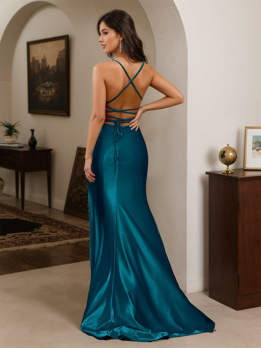 Cicinia Ink Blue Prom Dresses Long Spaghetti Straps Backless Sheath Slit Gowns