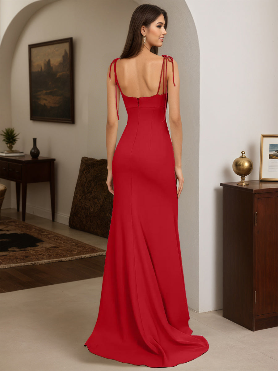 Cicinia Red Prom Dresses Long Spaghetti Straps Backless Sheath Dress With Sweep Train