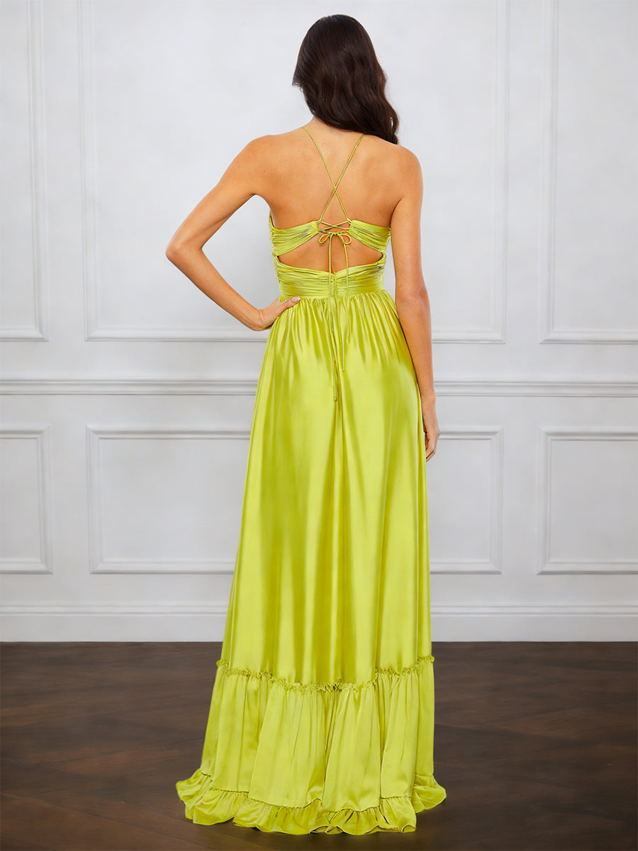 Cicinia Lemon Prom Dresses Long Soft Satin A-line Spaghetti Straps Sweep Train