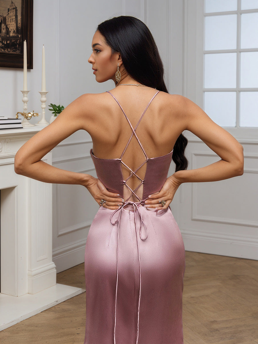 Chic Dusty Rose Spaghetti Straps Slit Sheath Sweep Train Long Prom Dress