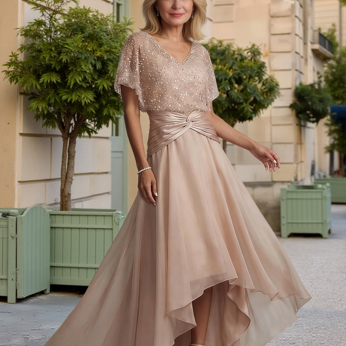 Cicinia Champagne Mother Of The Bride Dress Long Chiffon Sequins Sheath V-neck Batwing Sleeves