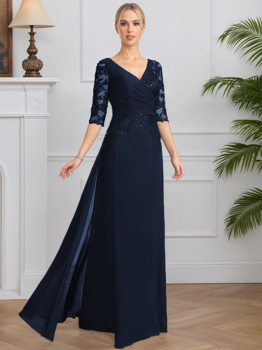 Cicinia Dark Navy Mother Of The Groom Dress Long Chiffon Lace A-line V-neck Half Sleeves