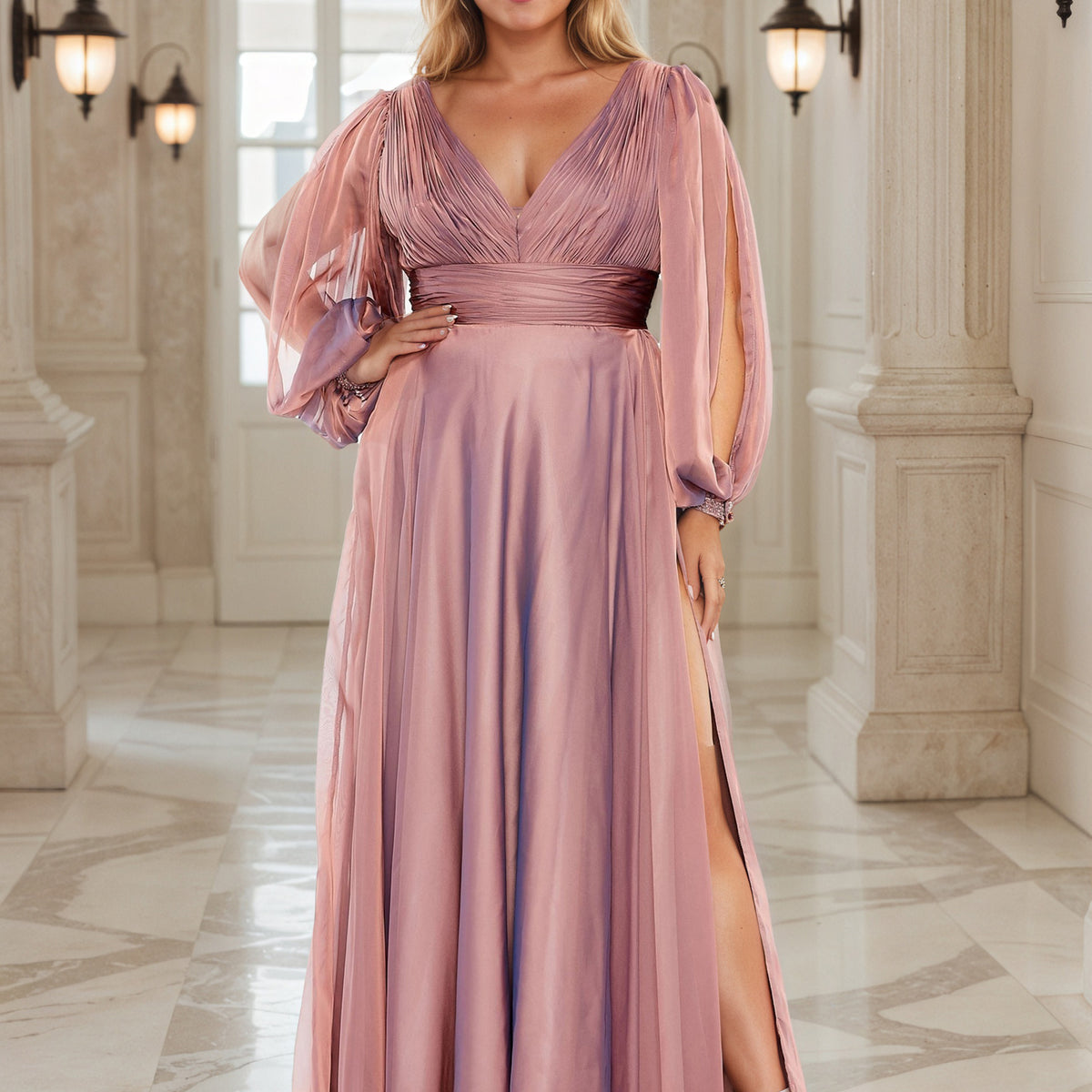 flowy evening dresses with sleeves Pleated Long A-Line Formal Dress with Bell Sleeves Blossom Pink / 10