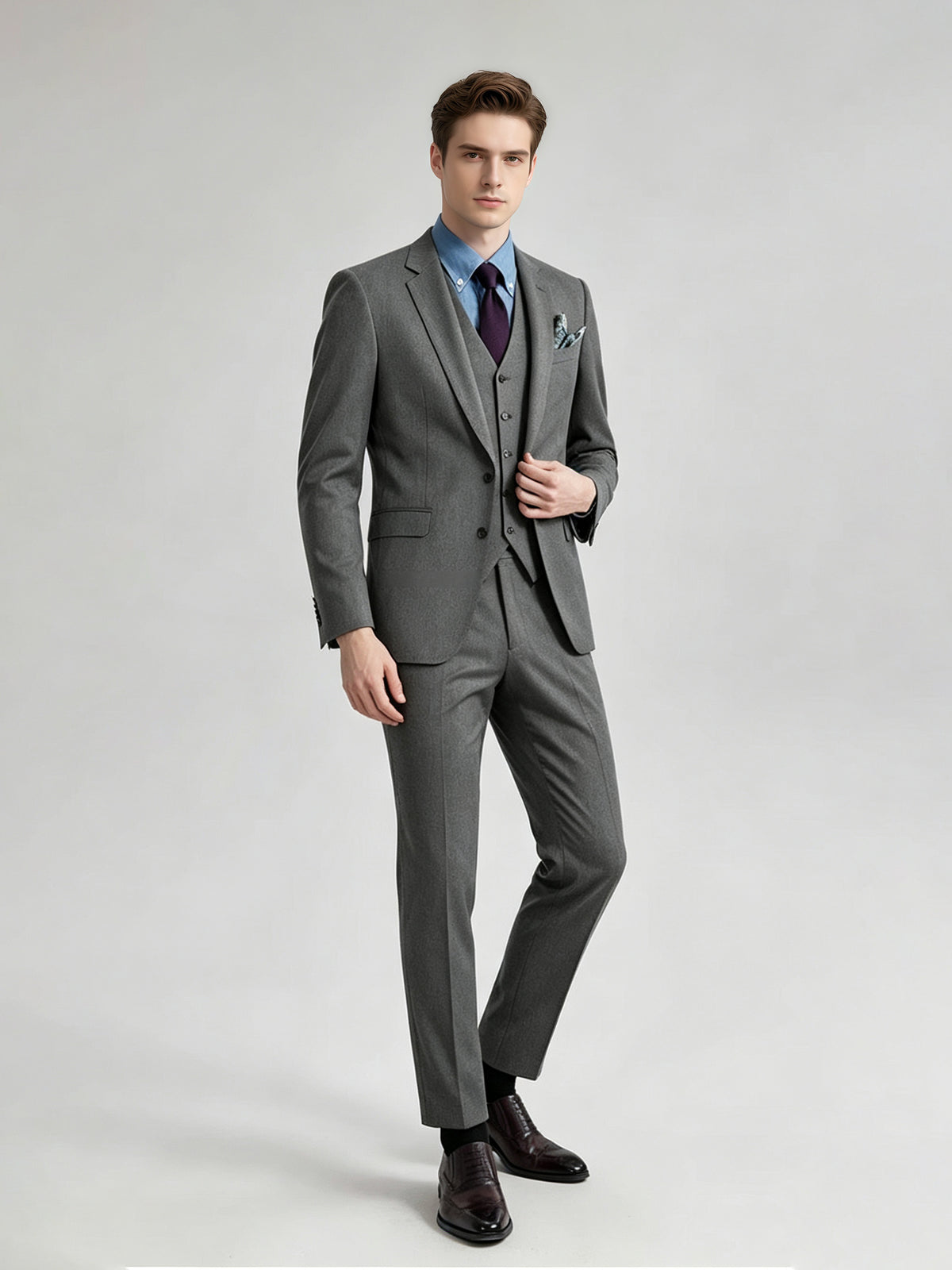 Cicinia 3 Pieces Suit Notch Lapel Two Button Jacket V Neck Vest Trousers Steel Grey Men's Suits