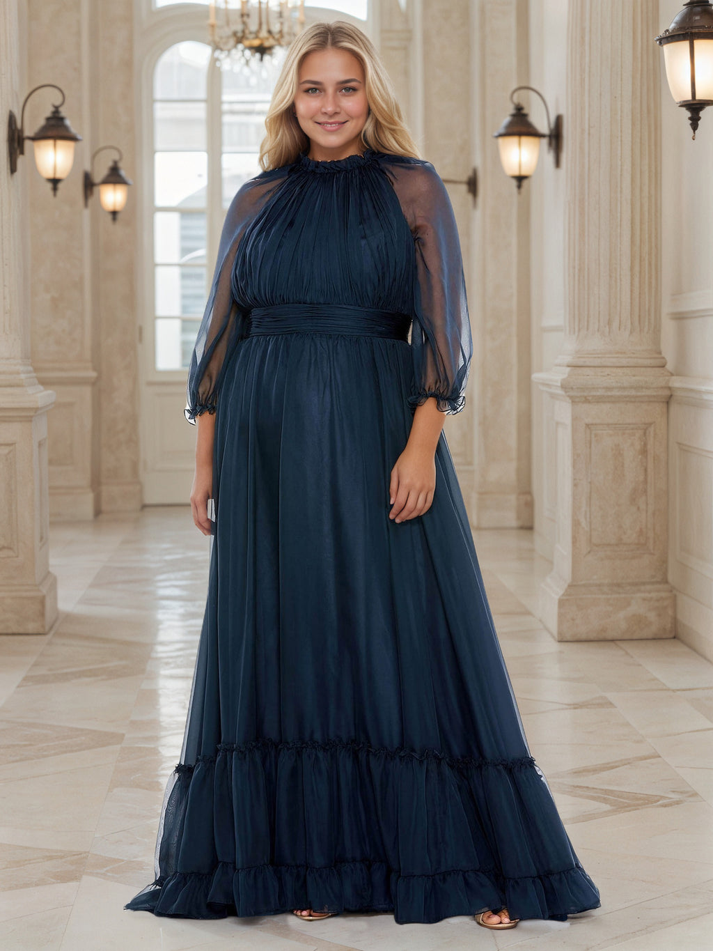blue dress for baby girl Flowy 3/4 Sleeves Dark Navy Plus Size Prom Dress with Sweep Train