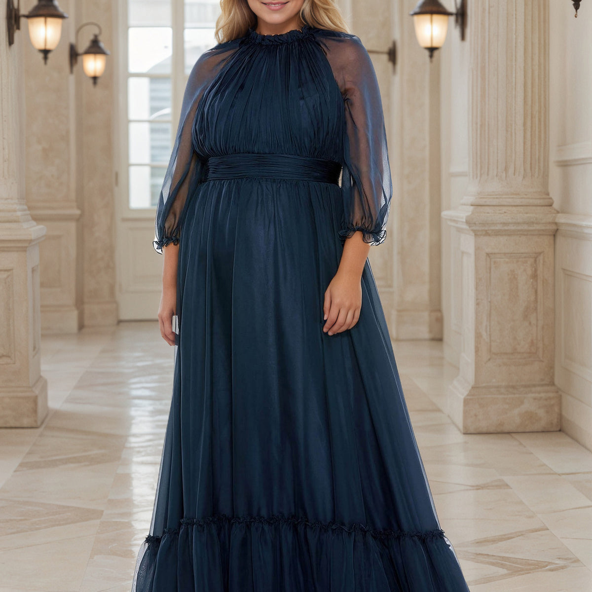 Flowy 3/4 Sleeves Dark Navy Plus Size Prom Dress With Sweep Train