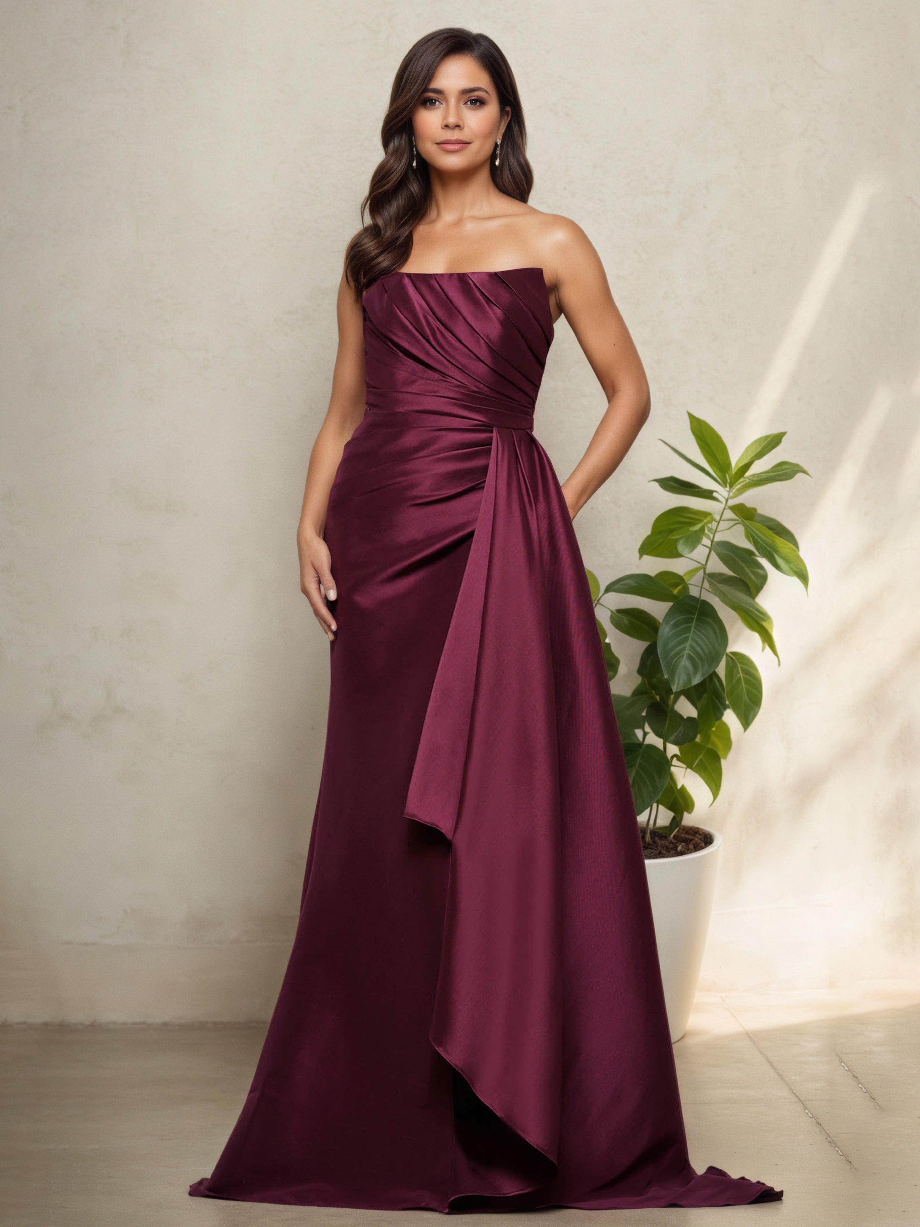 Strapless Sleeveless Pleats Cabernet Mother Of The Bride Dress
