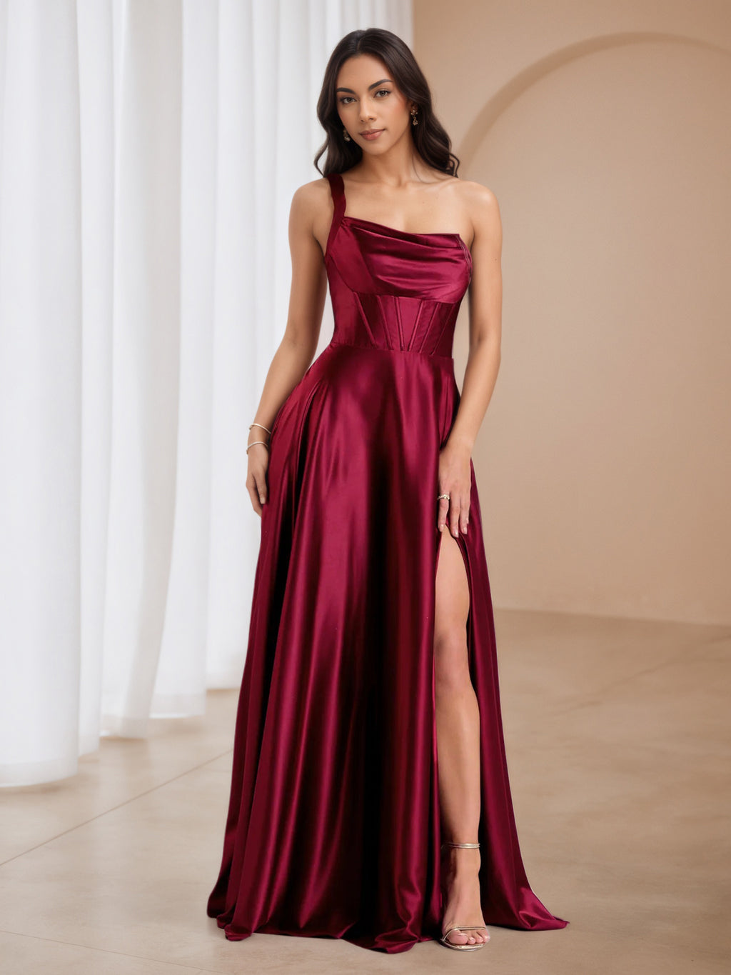 Burgundy A-Line One Shoulder Wedding Guest Dress