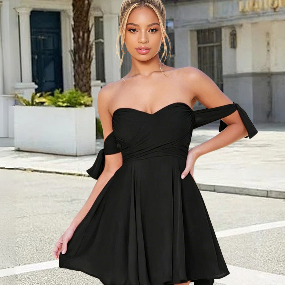 black short cute dresses Cicinia Off The Shoulder Little A-line Pleats Mini Dress Color:ITALIAN PLUM feminine look that transitions Long Evening Gowns Prom Yellow Multi Floral Lace-Up
