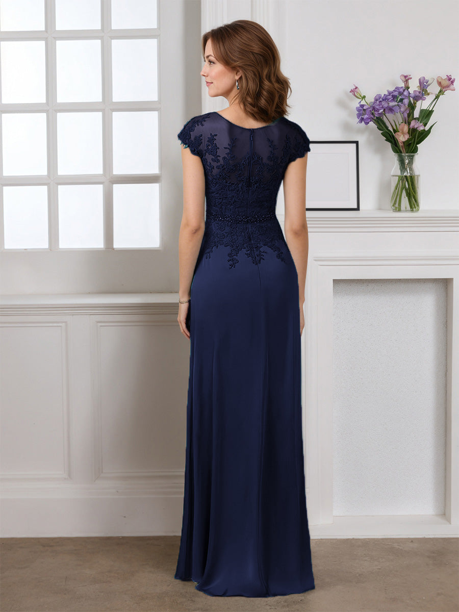 Cicinia Dark Navy Mother Of The Bride Dress Long Sheath V-neck Dress With Appliques Lace