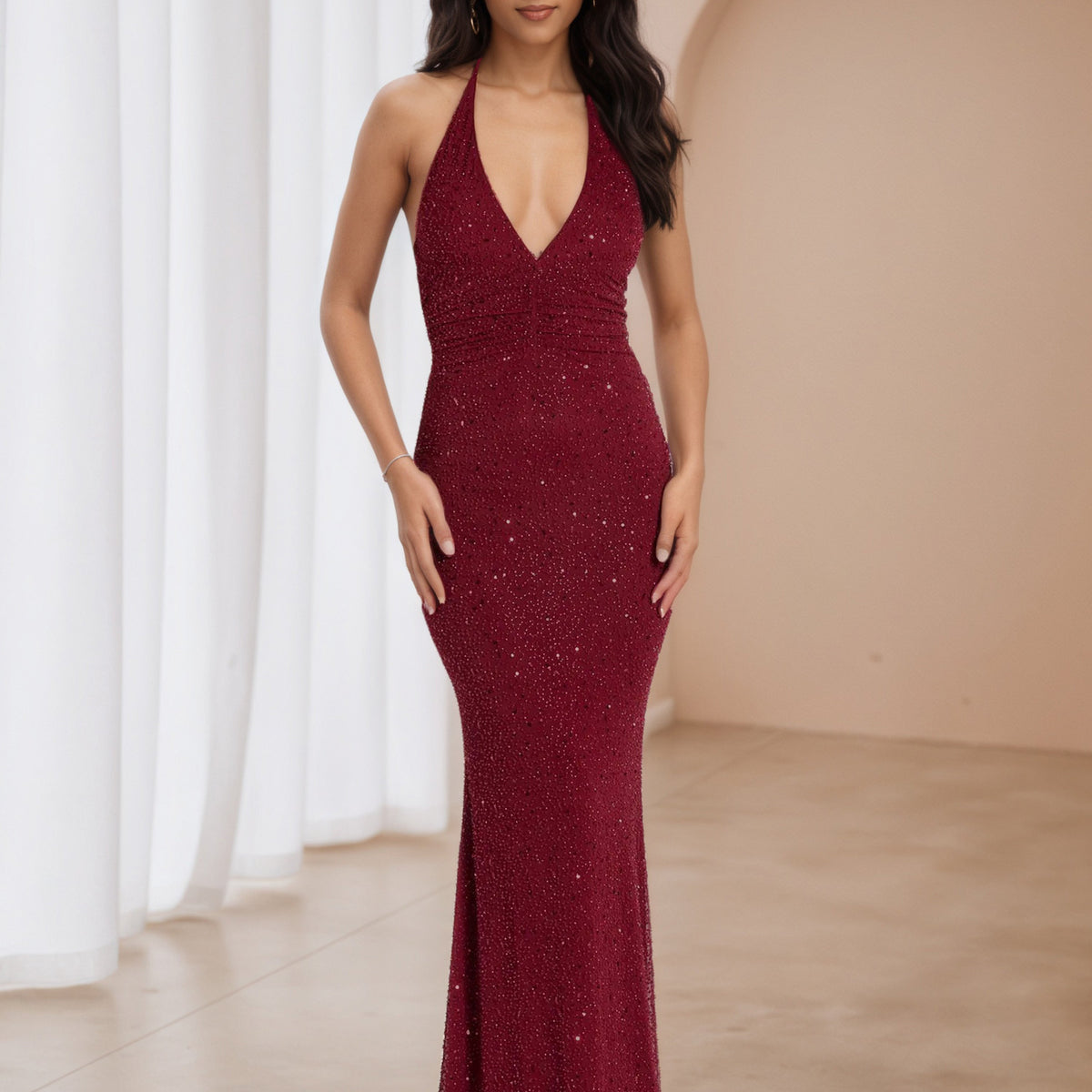 burgundy halter prom dress Elegant Glitter Long Dresses Glamorous Form Fitting Ballgowns Size:11 US / 44 EU Hailey Bieber's Two Skimpy YGroup_colourway-arizona