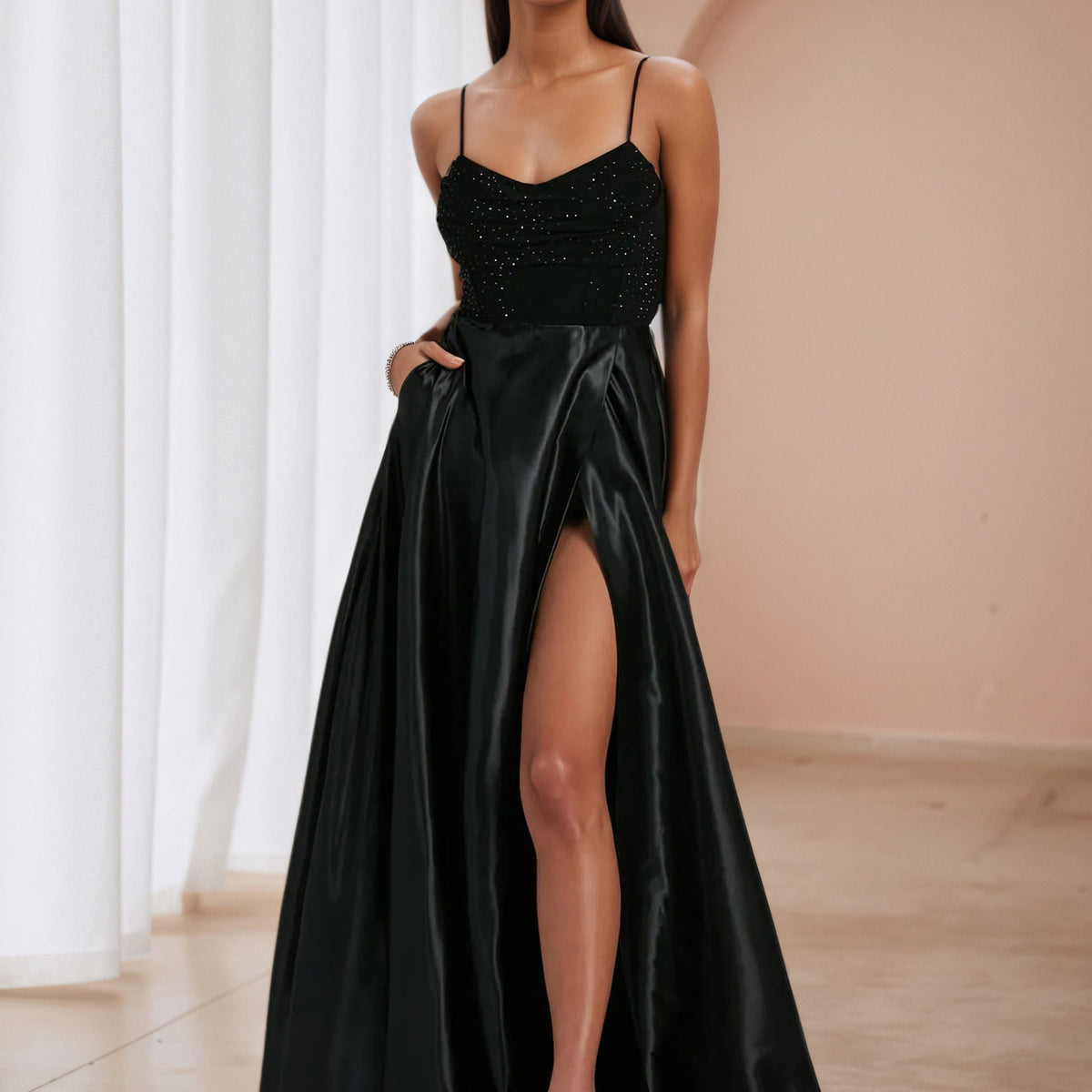 A-Line V-Neck Satin Black Formal Dresses