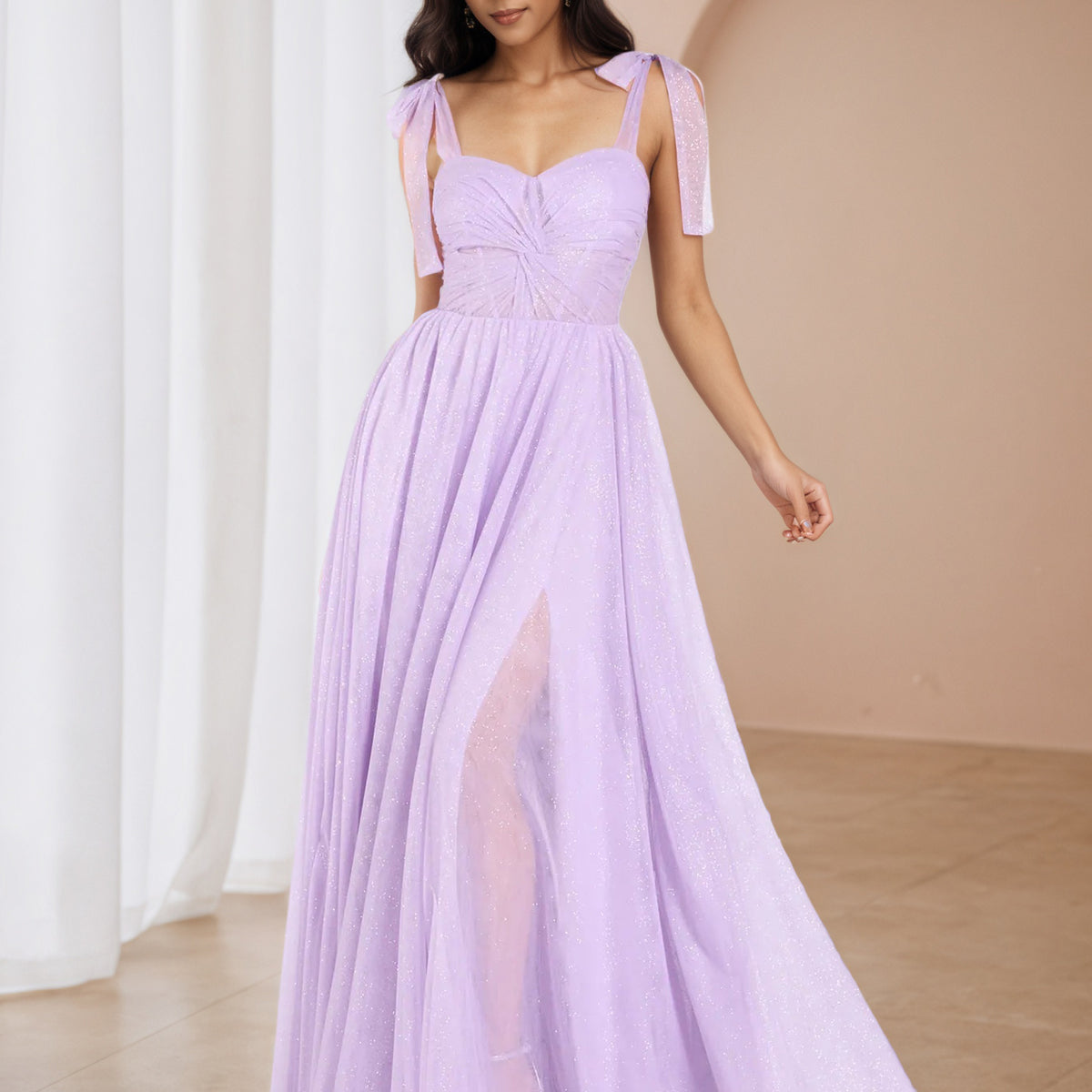 Glitter Lilac A-line Straps Long Wedding Guest Dress Glitter Lilac A-line Straps Long Wedding Guest Dress