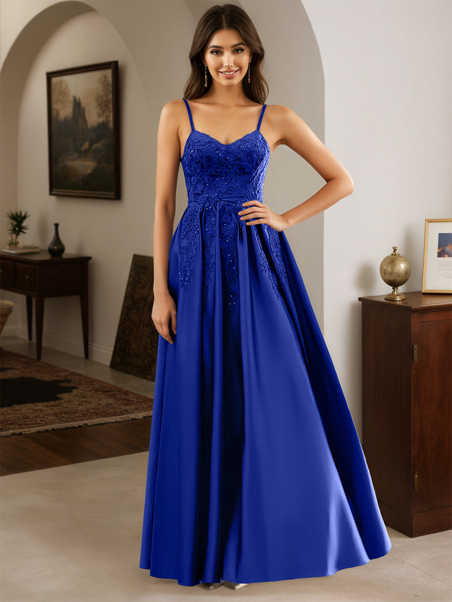 Cicinia Royal Blue Prom Dresses Long Satin Appliques Lace A-line Floor