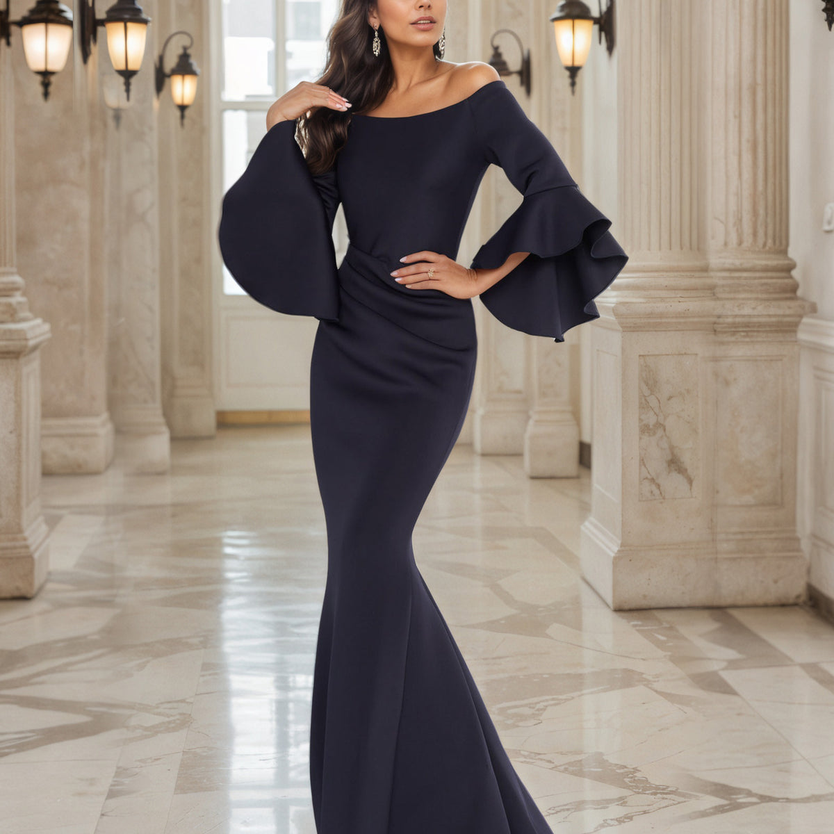 Dark Navy Mother of Bride Dresses Mermaid Off the Shoulder Bell Sleeves Mother of the Bride Dress