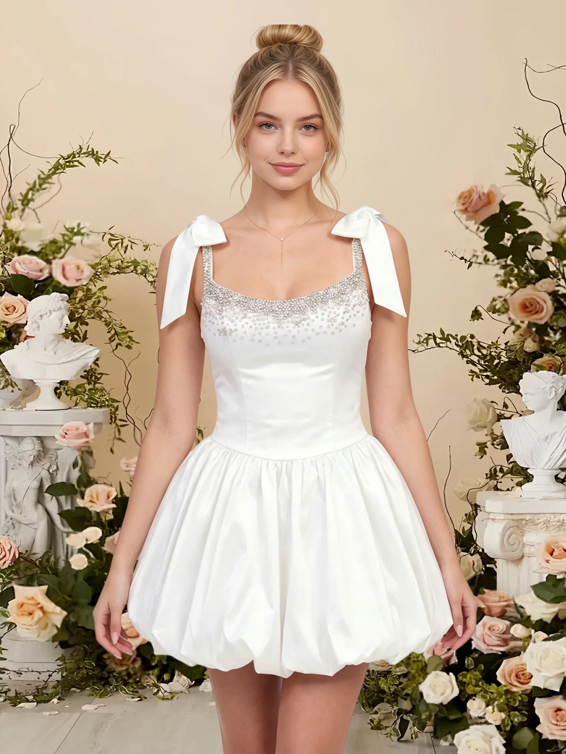 Cicinia Beaded Bubble Hem Little White Dresses Short Satin A-line Mini Cicinia Beaded Bubble Hem Little White Dresses Short Satin A-line Mini