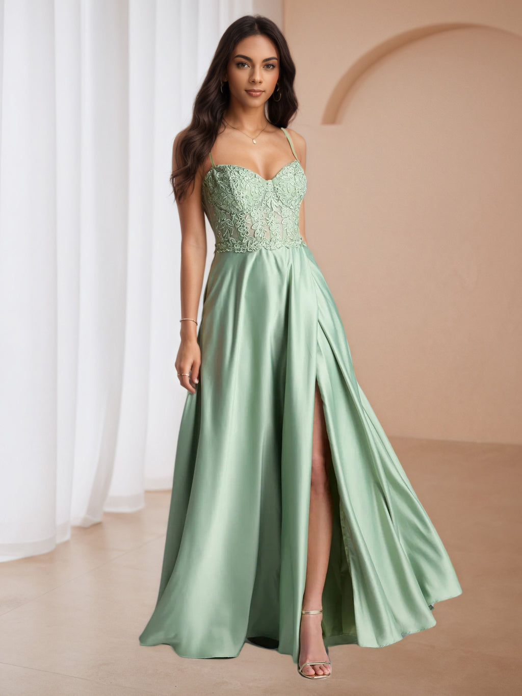 A-Line Dusty Sage Lace Appliques Wedding Guest Dress
