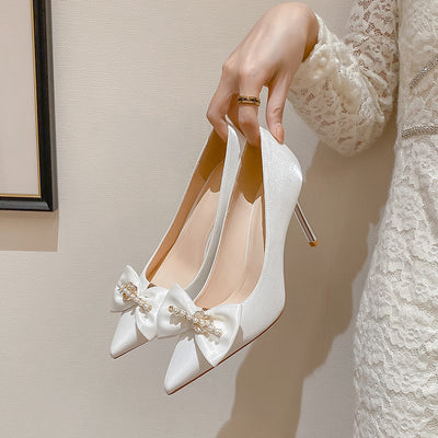 Cute Bowknot Satin High Heels Wedding Shoes