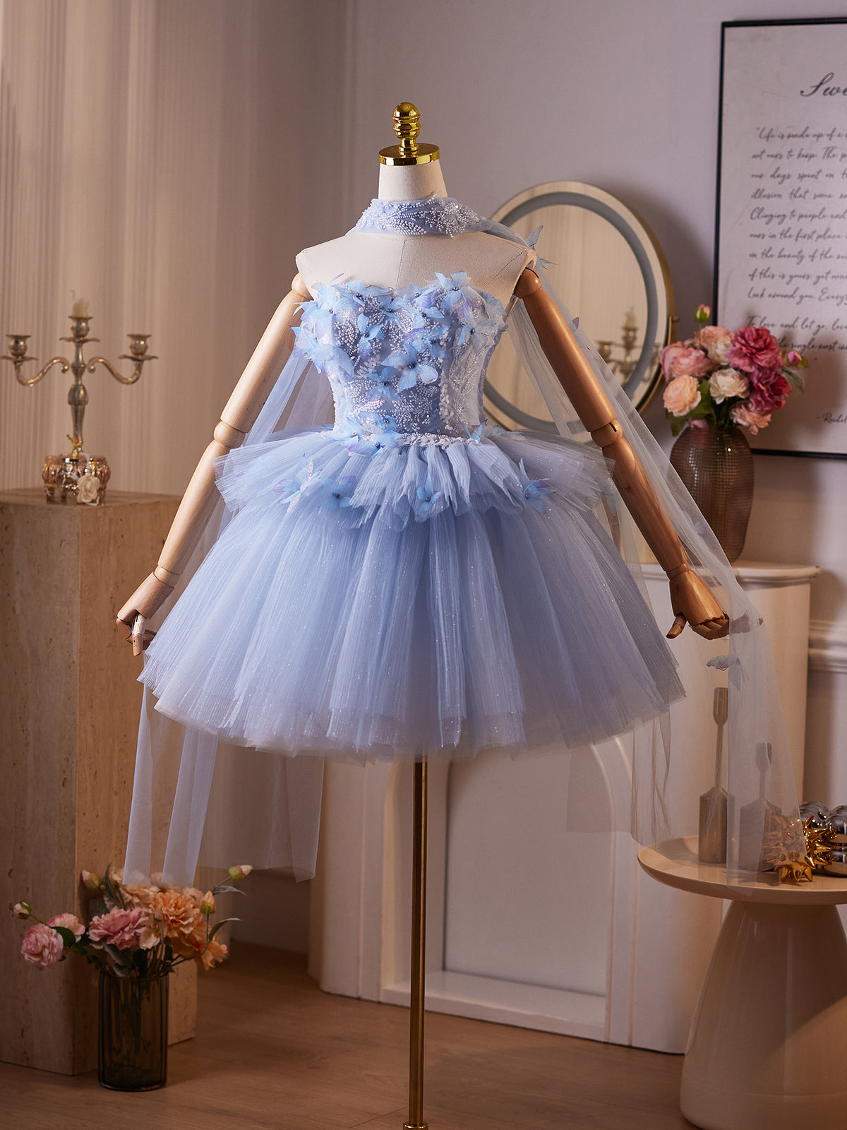 Cicinia 3D Butterfly Blue Homecoming Dresses Short Tulle A-line Strapless Princess Dress
