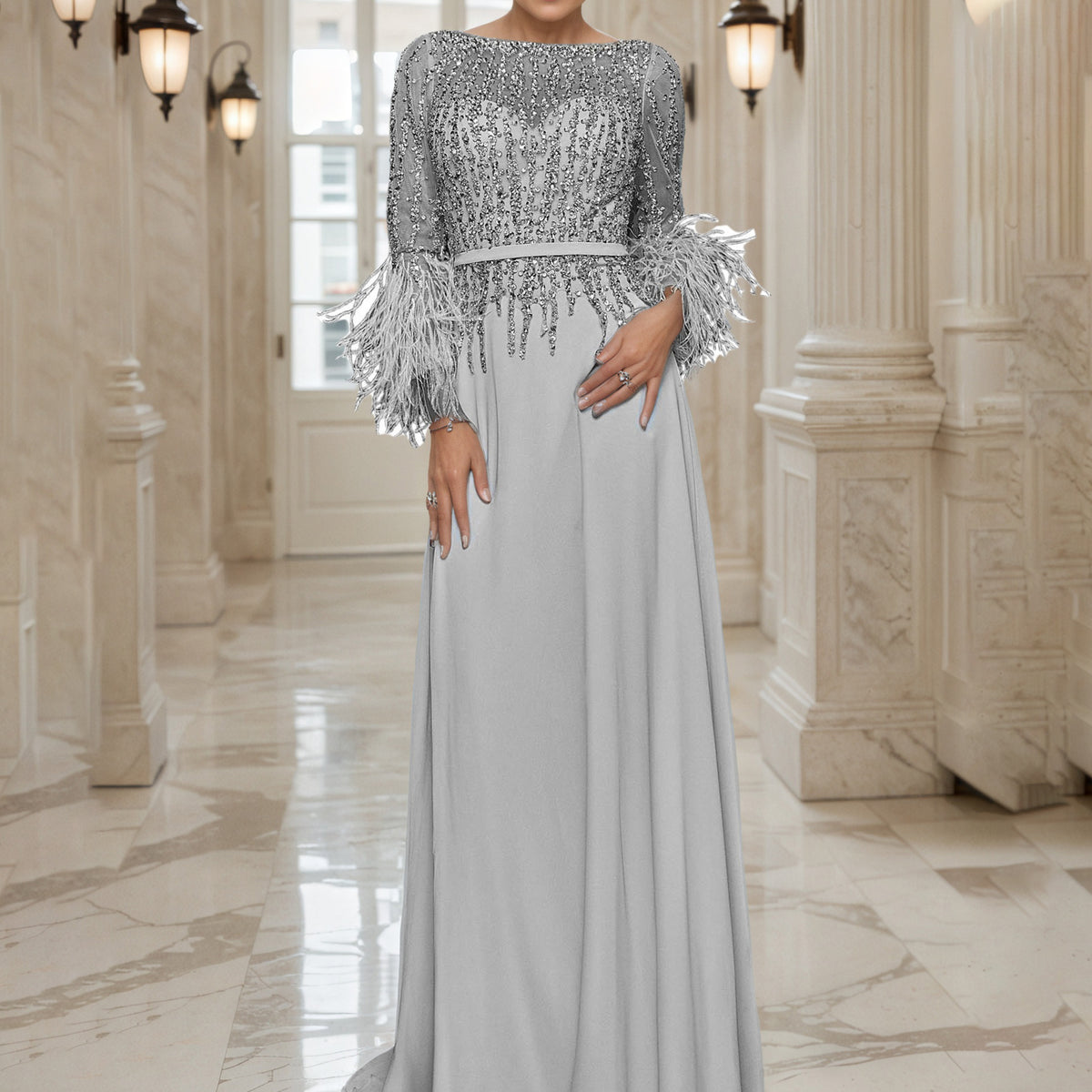 Sparkly Silver Mother of The Bride Dress Sequins A-Line Long Sleeves Mother of The Bride Dress