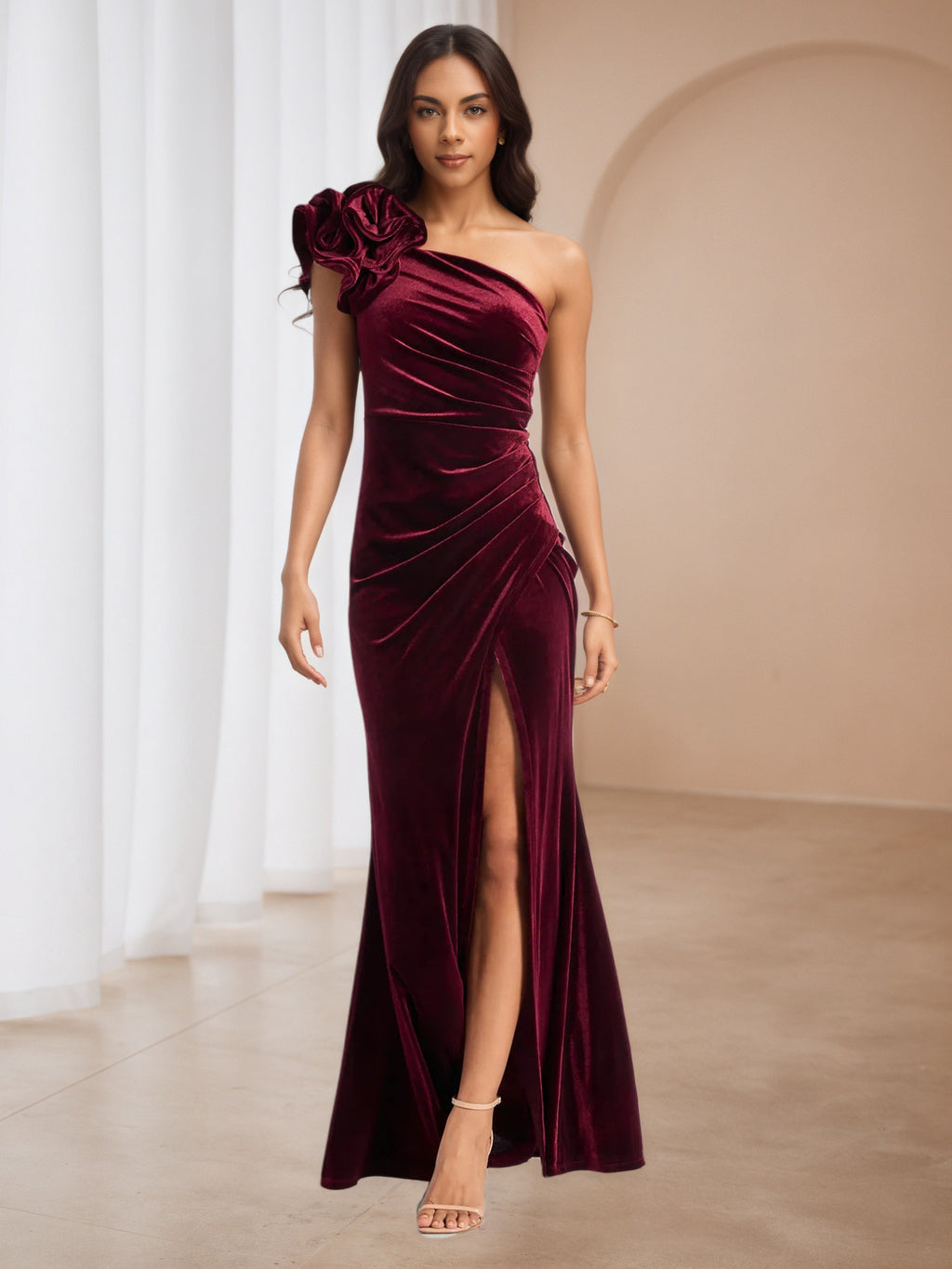 one shoulder flower dress Burgundy Formal Dresses Princess Wedding Dresses | SHORT-WEDDING-DRESS 100% polyester. SIZE:Medium