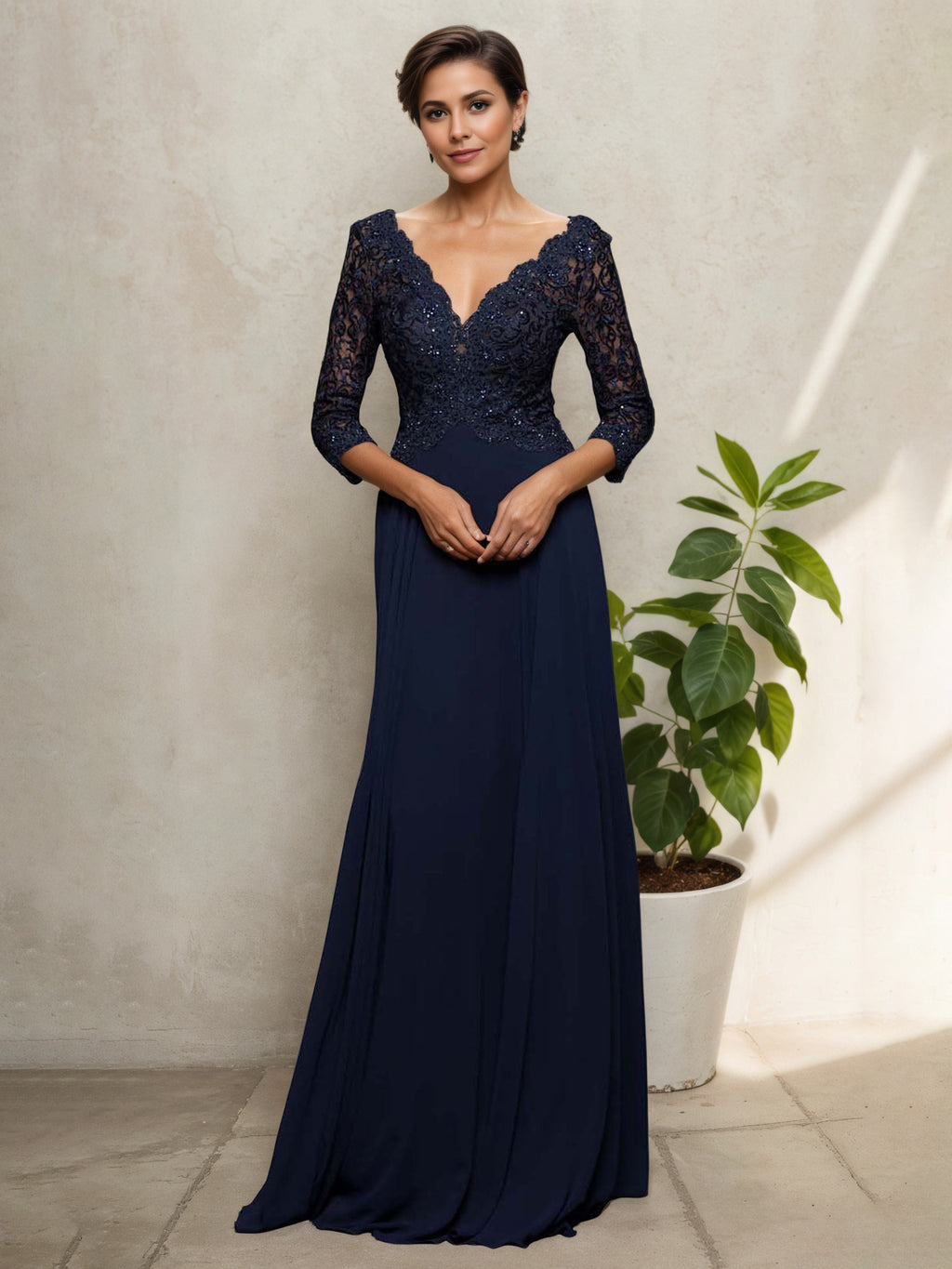 navy blue long sleeve bridesmaid dresses Lace Bodice V-Neck 3/4 Sleeves Mother Of The Bride Dress Dark Nav Size:M - Fits size 12 - 14 high tea Flowy Long Dress For Maxi dress Sweetheart Neckline
