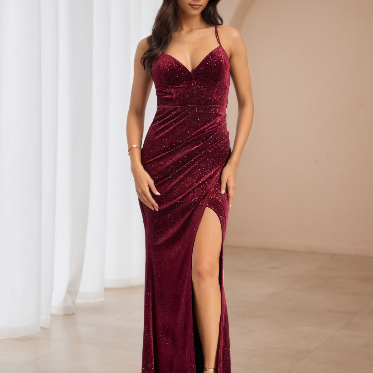 sparkly burgundy dress Glitter Burgundy Open Back Long Prom Dresses with Split