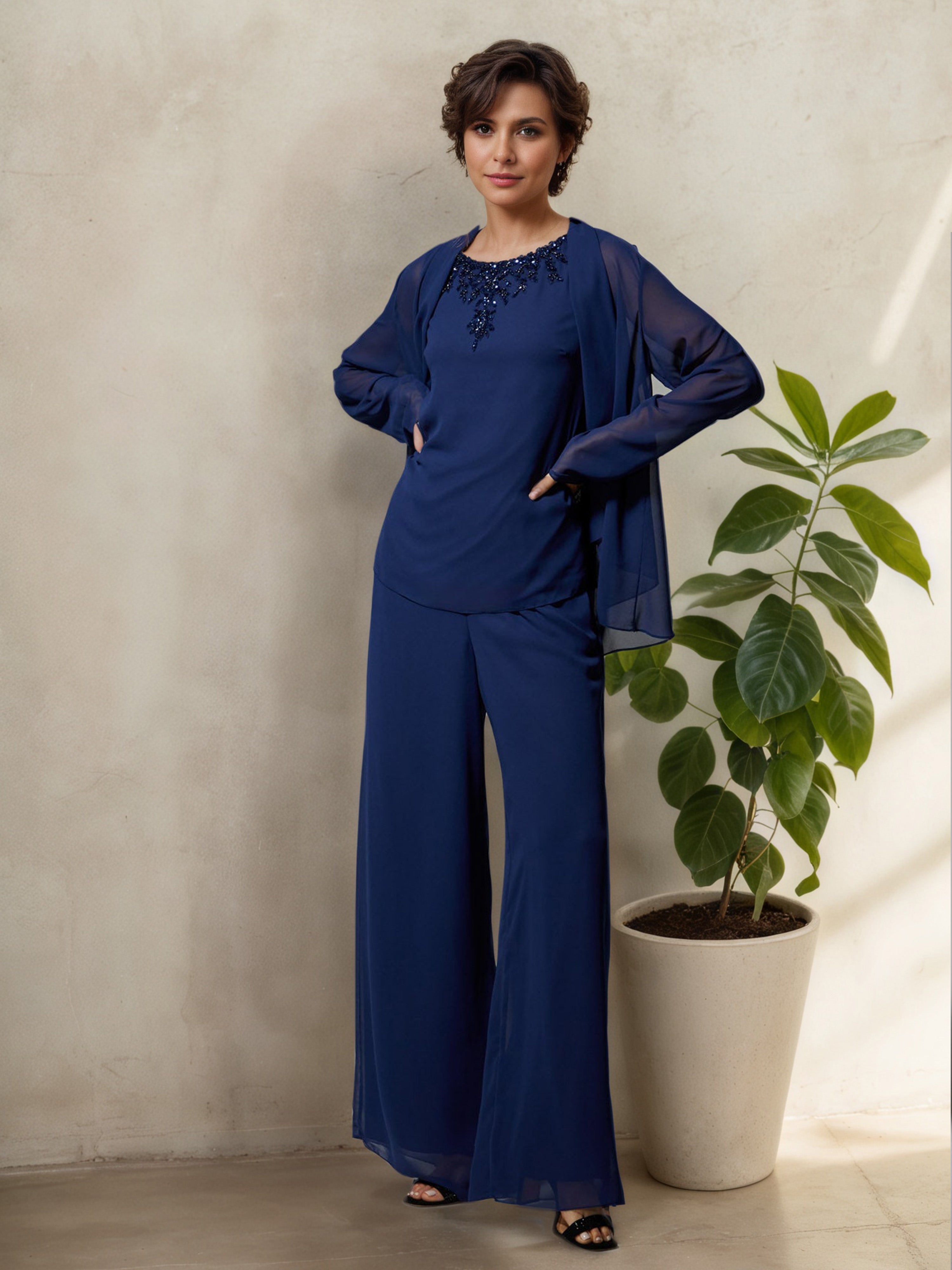 3 Pieces Round Neck Navy Blue Beading Mother Of The Bride Dress Pants Suits