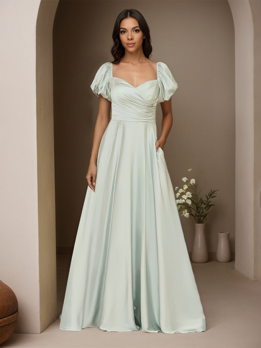 Cicinia Celadon Prom Dresses Long Satin Chiffon A-line Floor Length Off The Shoulder Pufffed Sleeves