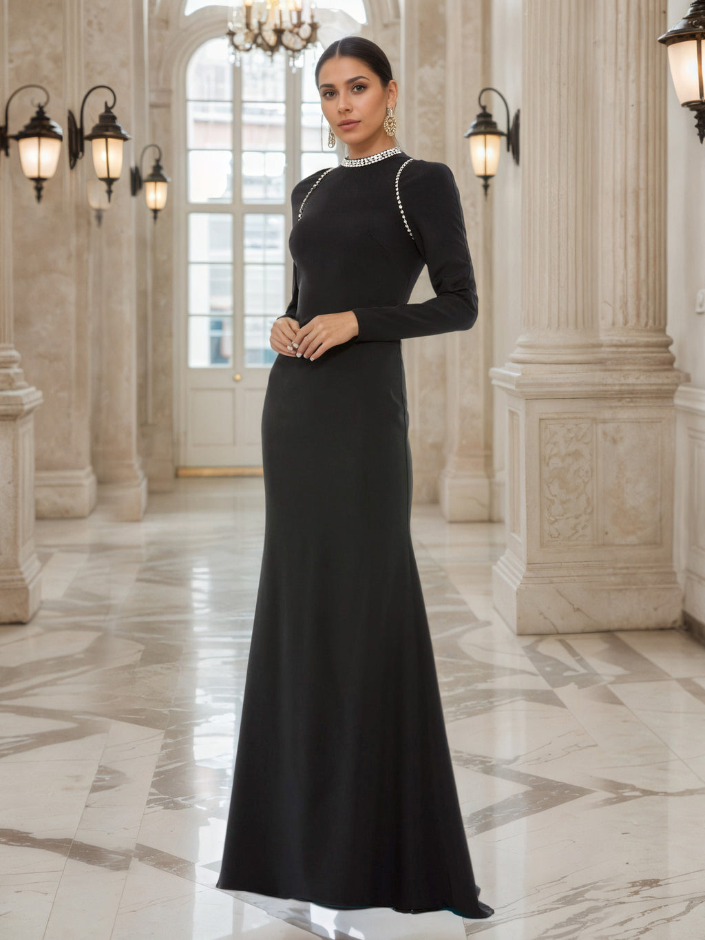 Black Mother of Bride Dress Sheath Beaded Neckline Long Sleeves Women' Black Mother of Bride Dress Sheath Beaded Neckline Long Sleeves Women'