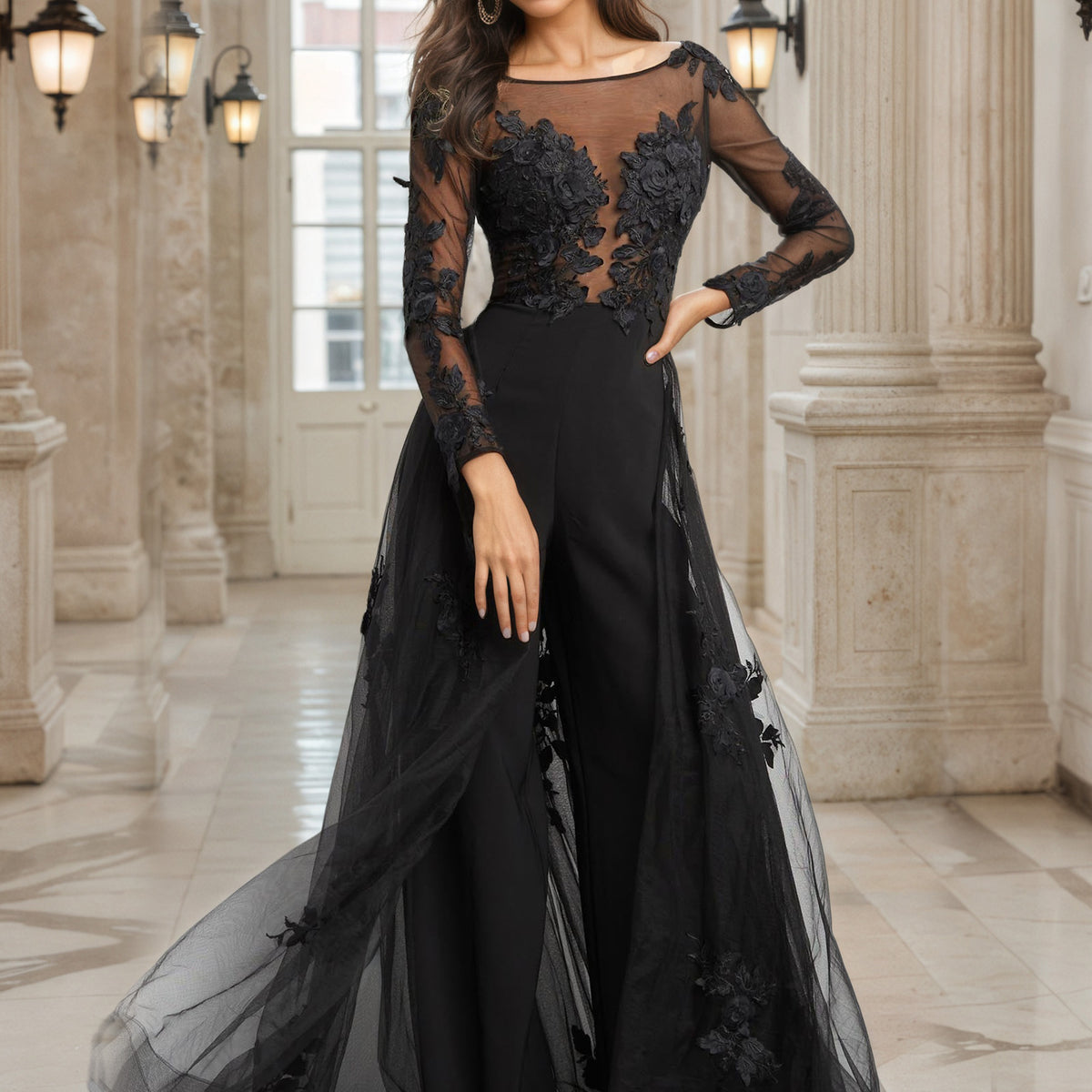 Black Mother Of The Bride Pant Suit Embellished Long Sleeve Open Back