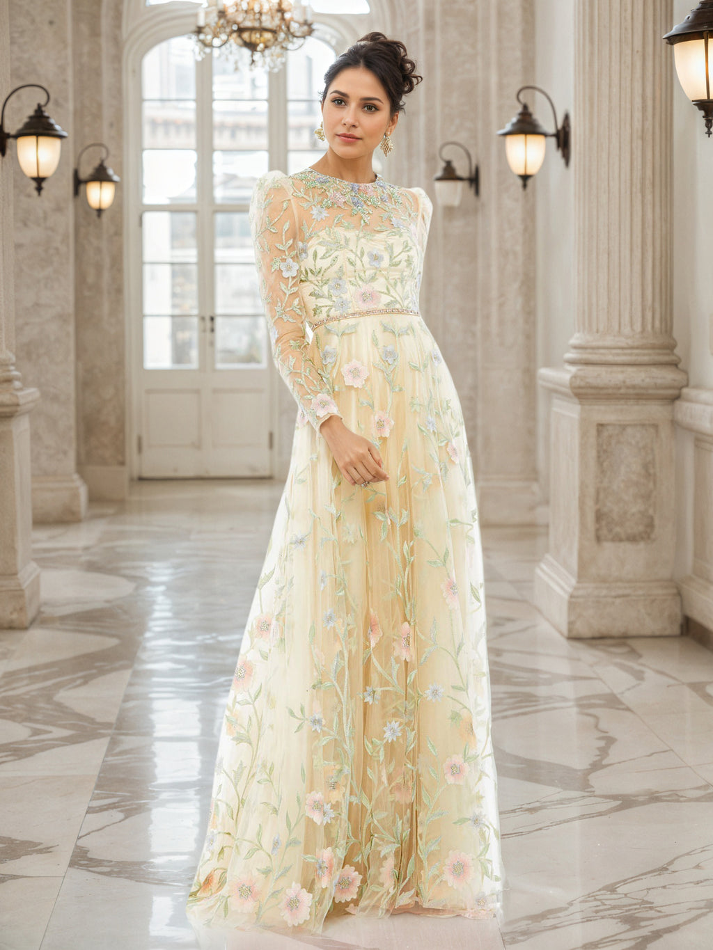 Daffodil Mother of The Bride Dresses Floral Illusion Long Sleeves A-Line Mother of The Bride Dress