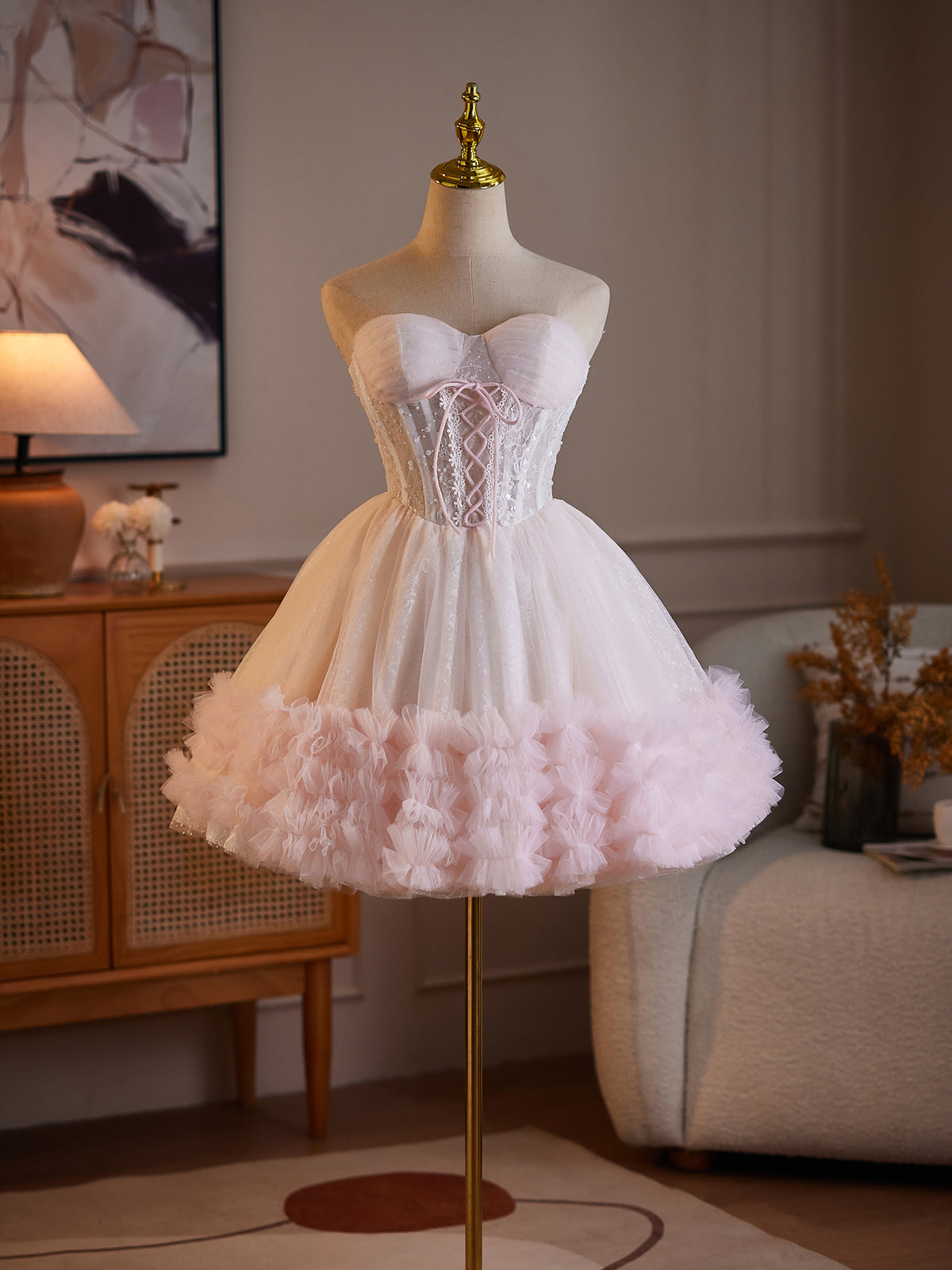 Cicinia Sweetheart Pink Wedding Dresses Short Lace A-line Ruffle Tulle Bridal Dress