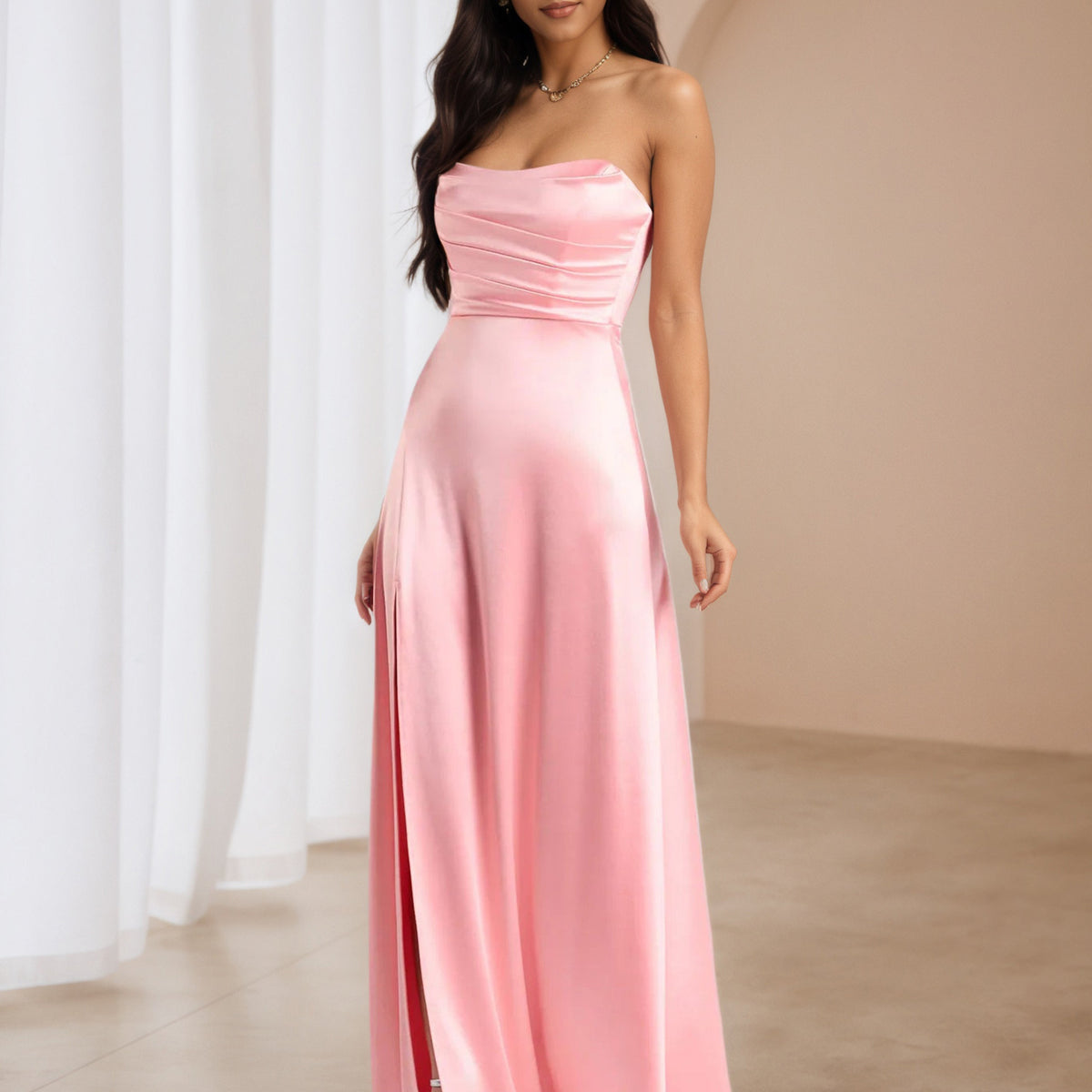 women's light pink strapless dress for roleplay Angelica Strapless Structured Mini Dress Pink The model is wearing a size small Bandeau Ruched Puffball Hem Mini