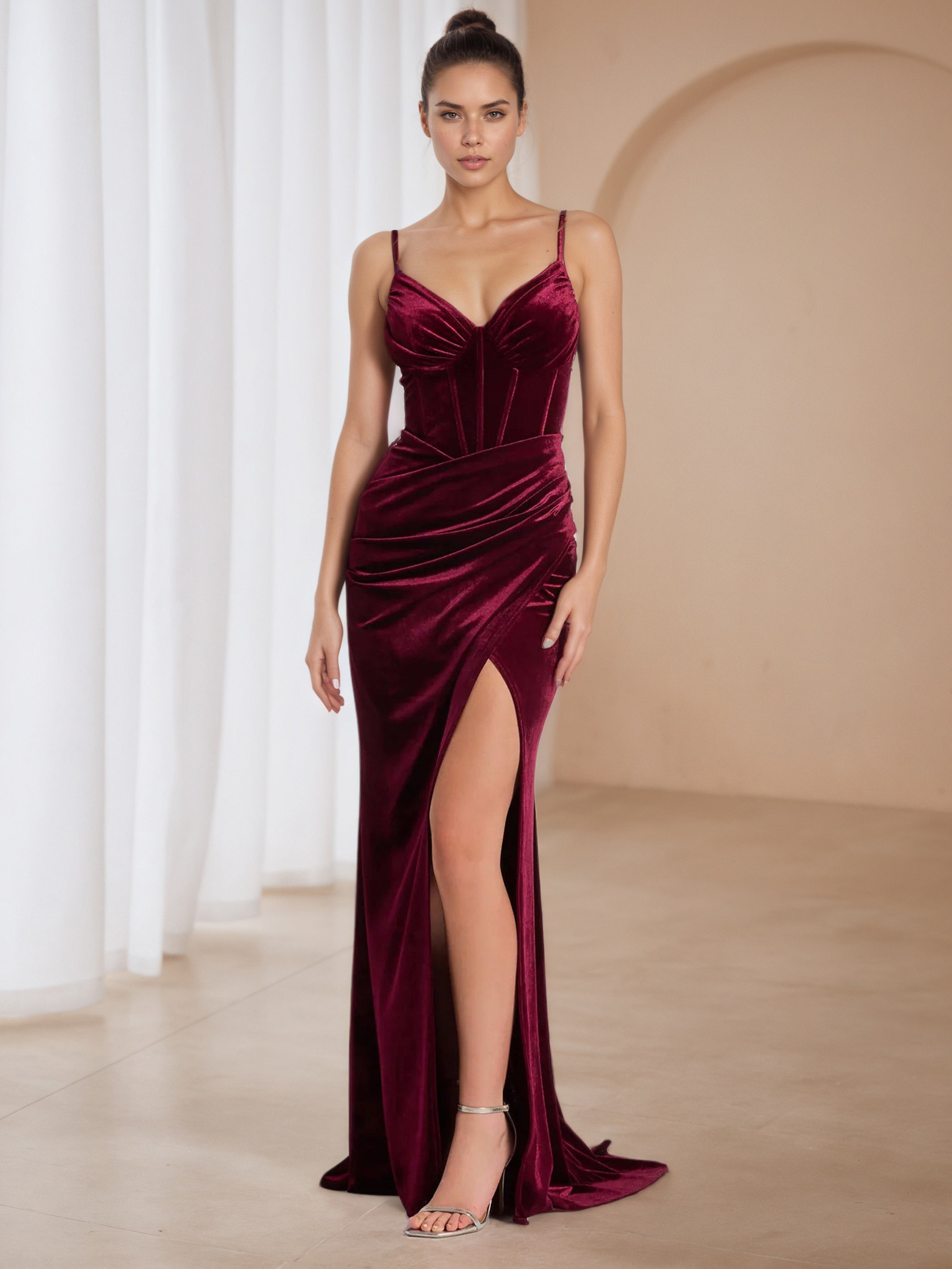 Sweep/Brush Train Burgundy Velvet Strapless Wedding Guest Dress