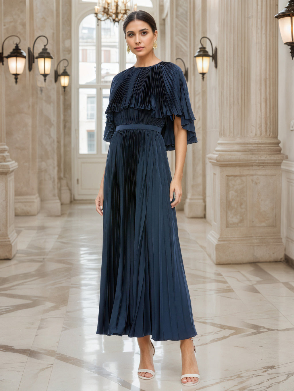 pleated cape detail bridesmaid maxi dress Dark Navy Mother of Bride Dresses A-Line Mother of the Bride Pleated skirt