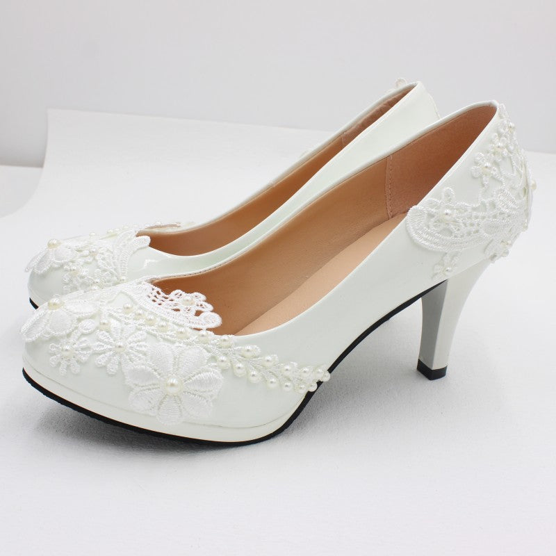 Round Toe High Heels Lace Wedding Shoes