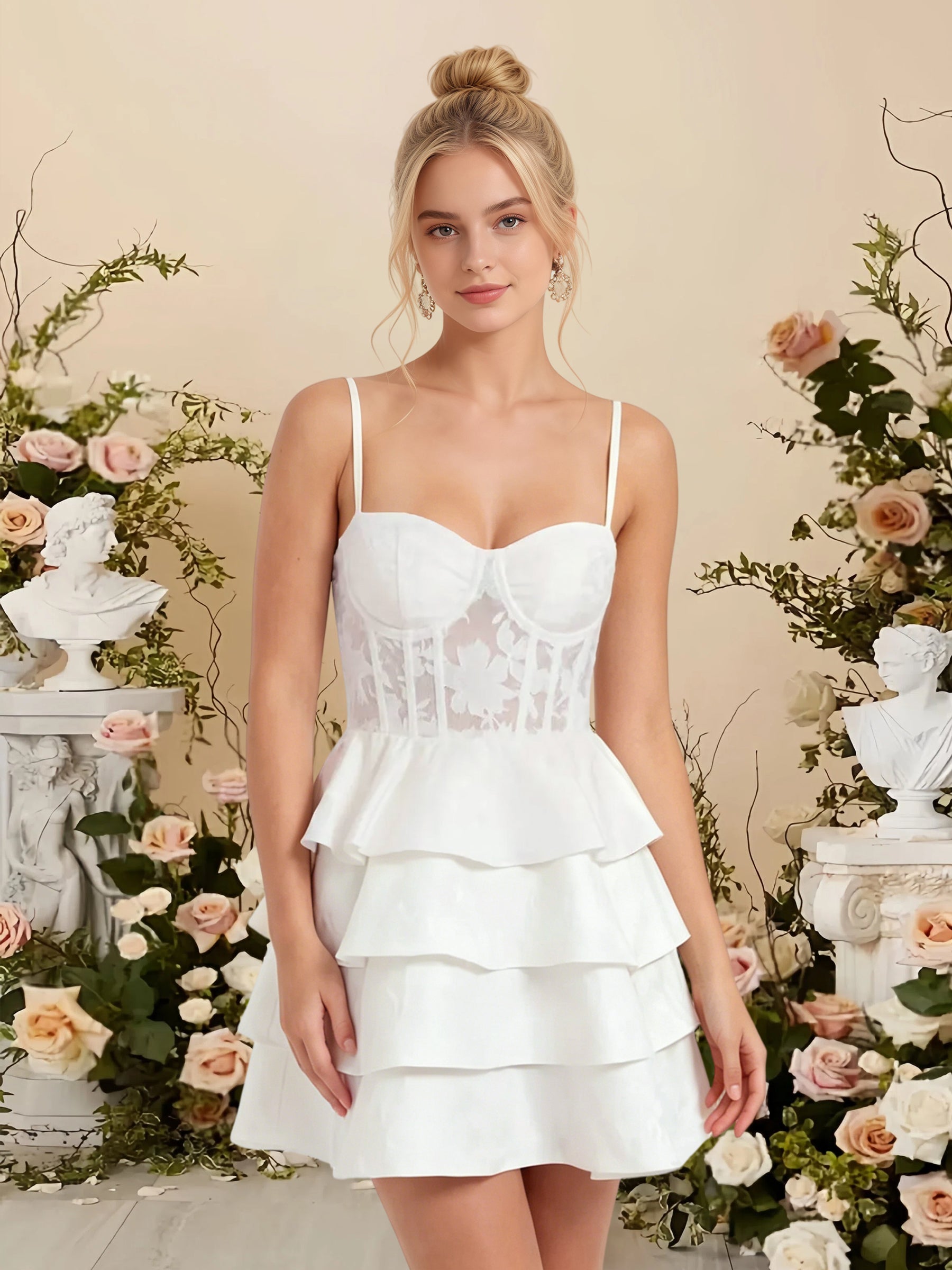 Cicinia Spaghetti Straps Layered Little White Dresses Short A-line Lac
