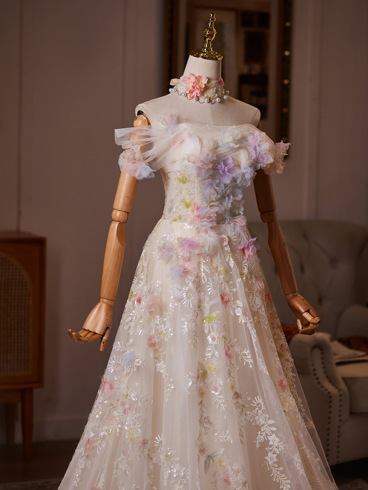 Cicinia Floor Length 3D Colorful Floral Appliques Off The Shoulder Champagne Wedding Dresses Long A-line Bridal Gowns