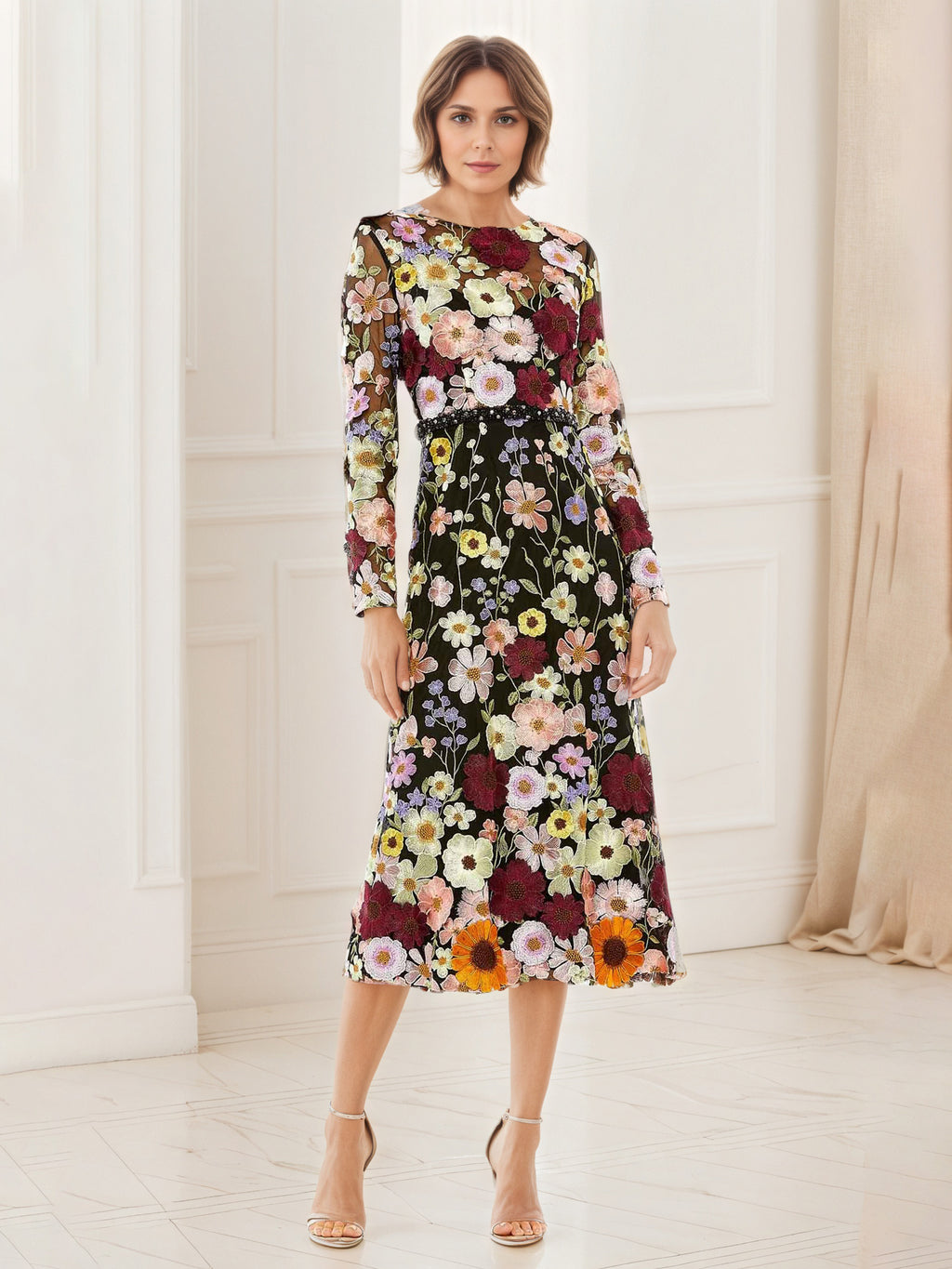embroidered tea length dress Black Flower Mother of The Bride length hem Color:Pacific Blue Jocelyn Backless Shapewear Mini cottagecore