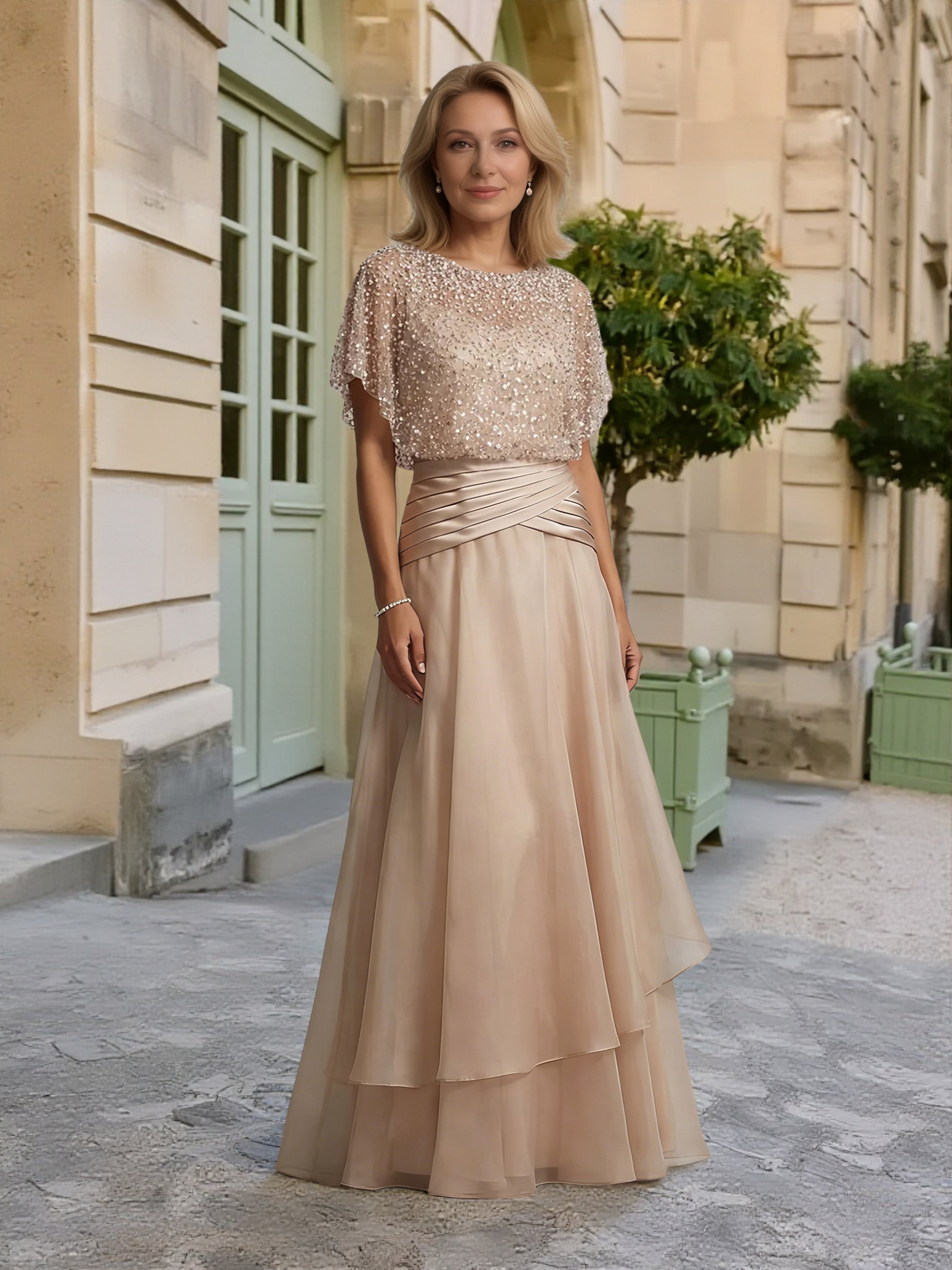 Cicinia Layered Champagne Mother Of The Bride Dress Long Chiffon Sequins A-line Batwing Sleeves Cicinia Layered Champagne Mother Of The Bride Dress Long Chiffon Sequins A-line Batwing Sleeves