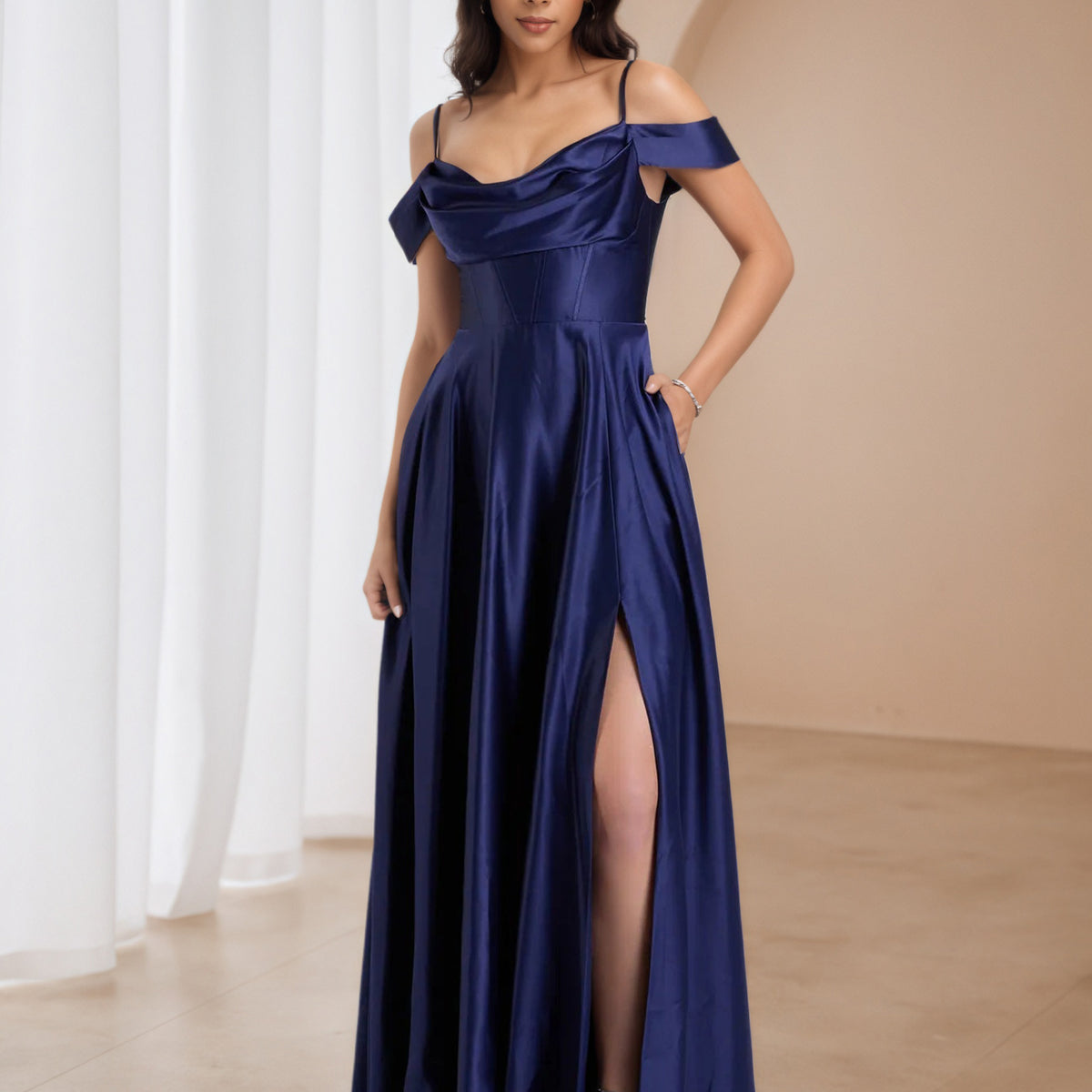 midnight blue satin dress Dark Navy Off The Shoulder Wedding Guest 35 Waist Belt size:30” fits 28 pants Entire Store Jovani D5080 Size 0,