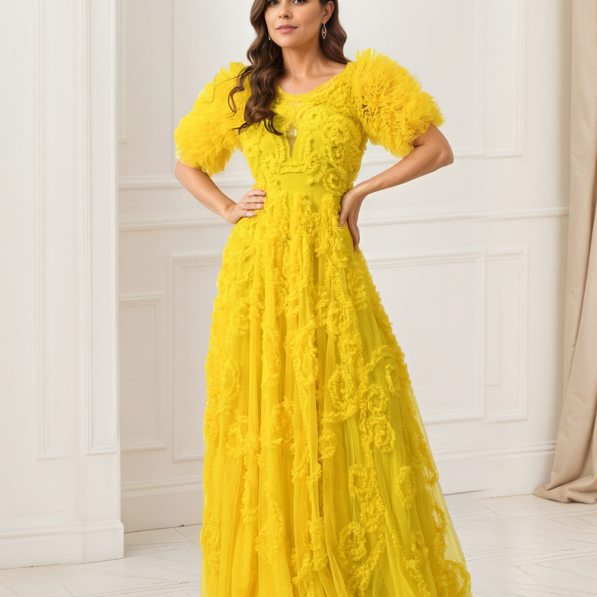 スーツ・フォーマル・ドレス Lerure Fluffy sleeve pencil dress yellow 1_f7926e8d-df47-49d4-879d-