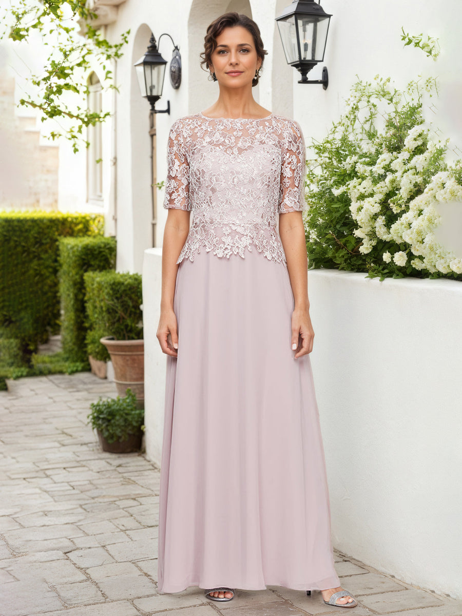 Blush Mother Of The Bride Dress A-Line Short Sleeves Lace Embroidered