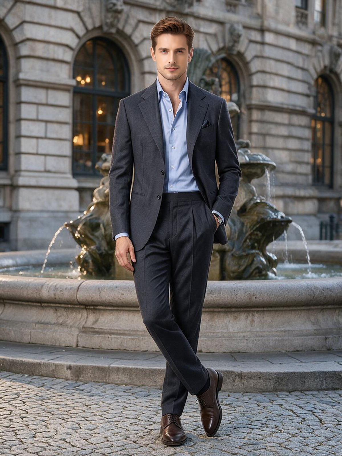 Cicinia Casual Notch Lapel Two Button Pleated 2 Pieces Steel Grey Men's Suits