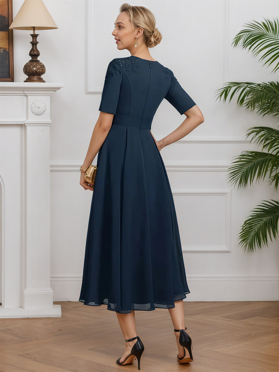 Cicinia Dark Navy Mother Of The Bride Dress Long Chiffon Lace Tea Length Short Sleeves