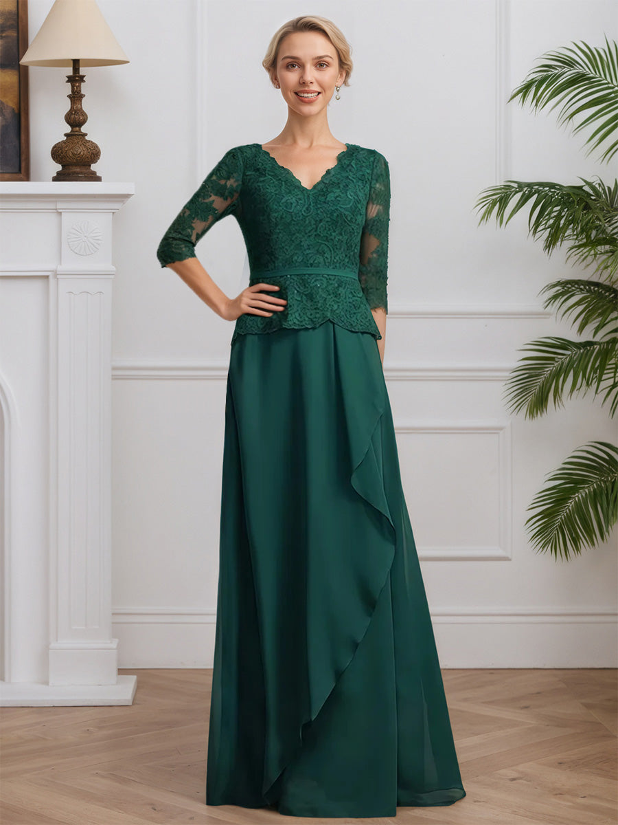Cicinia Dark Green Mother Of The Groom Dress Long Chiffon Lace A-line Half Sleeves V-neck