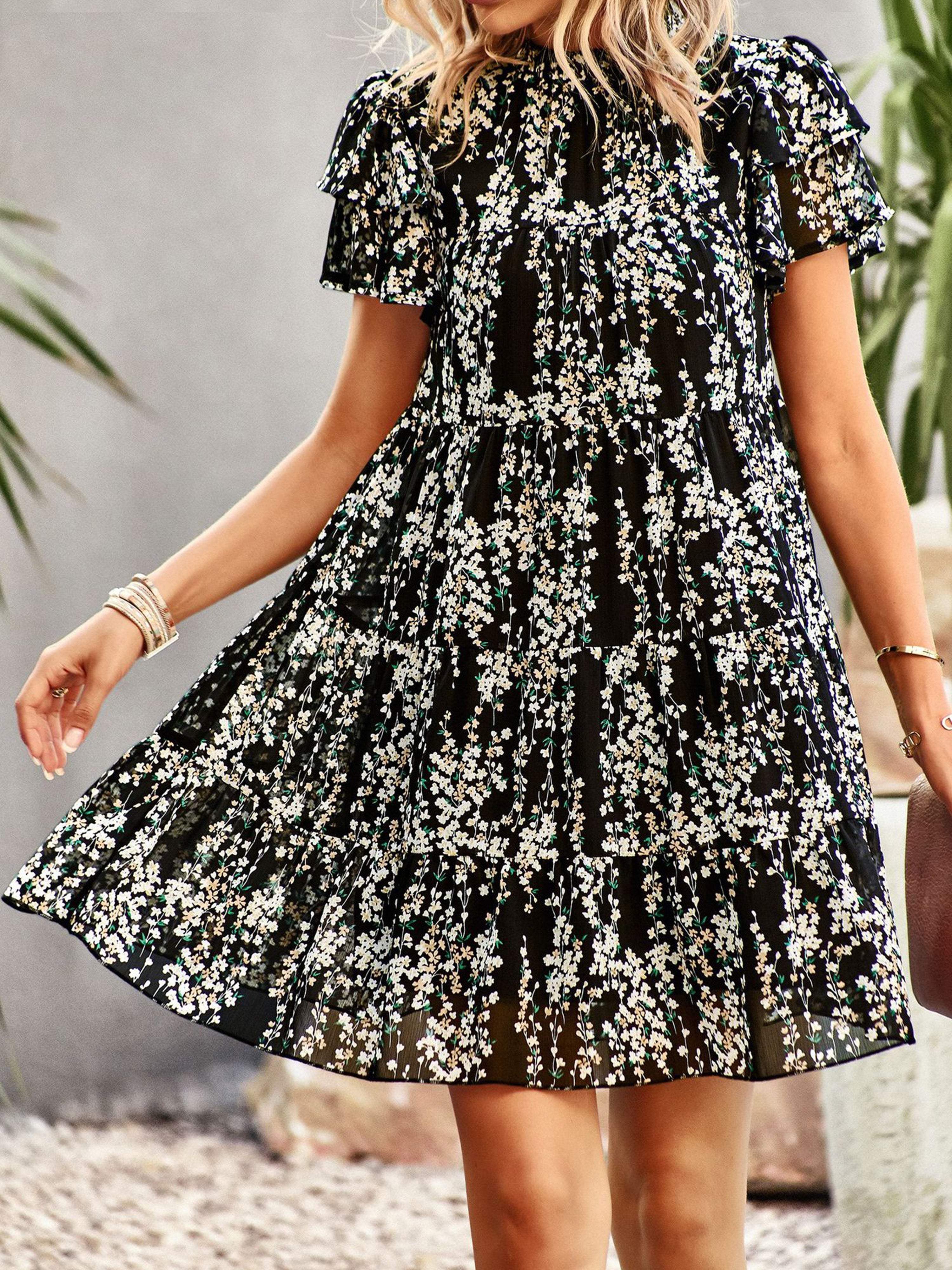 Jewel A Line Floral Black Ruffles Sleeves Wedding Guest Dress